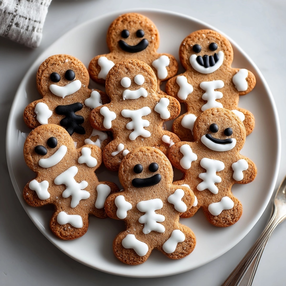 Close-up of decorated Skeleton Gingerbread Men Cookies; sweet, aromatic, and fun baking project.