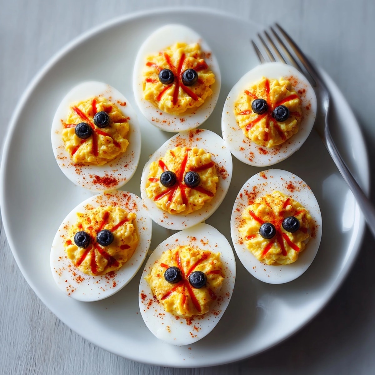 Creamy Monster Deviled Egg Eyeballs on a platter, decorated olives and red pepper.
