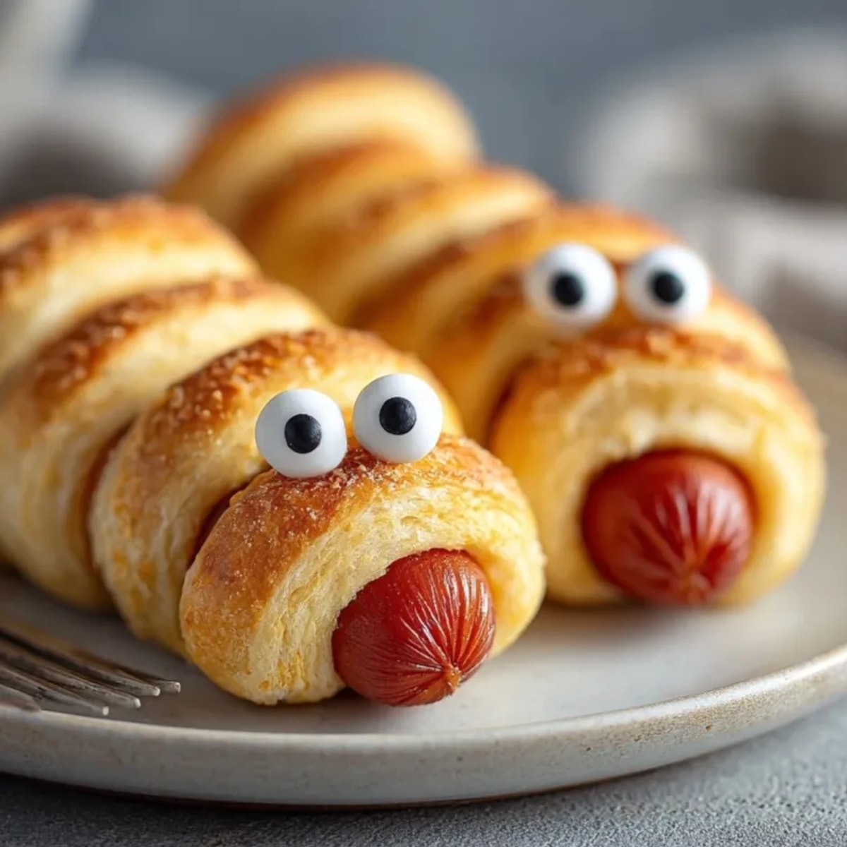 Golden brown Mummy Crescent Hot Dogs on parchment, baked and ready for spooky dipping.