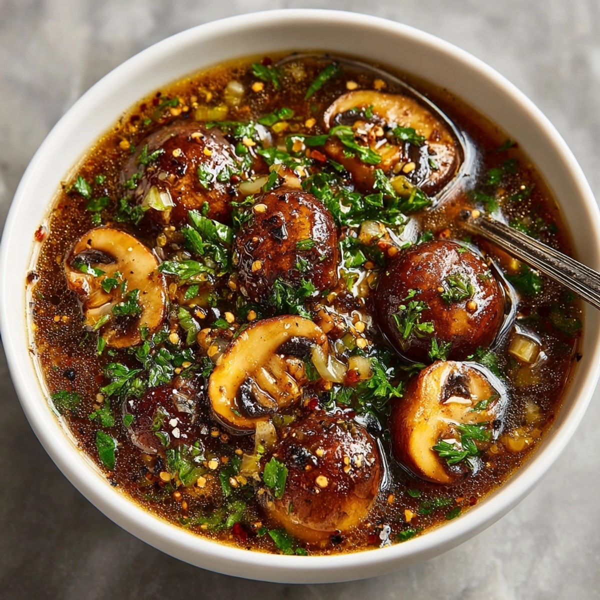 Creamy vegan mushroom gravy: a savory, golden-brown sauce simmering in a saucepan.