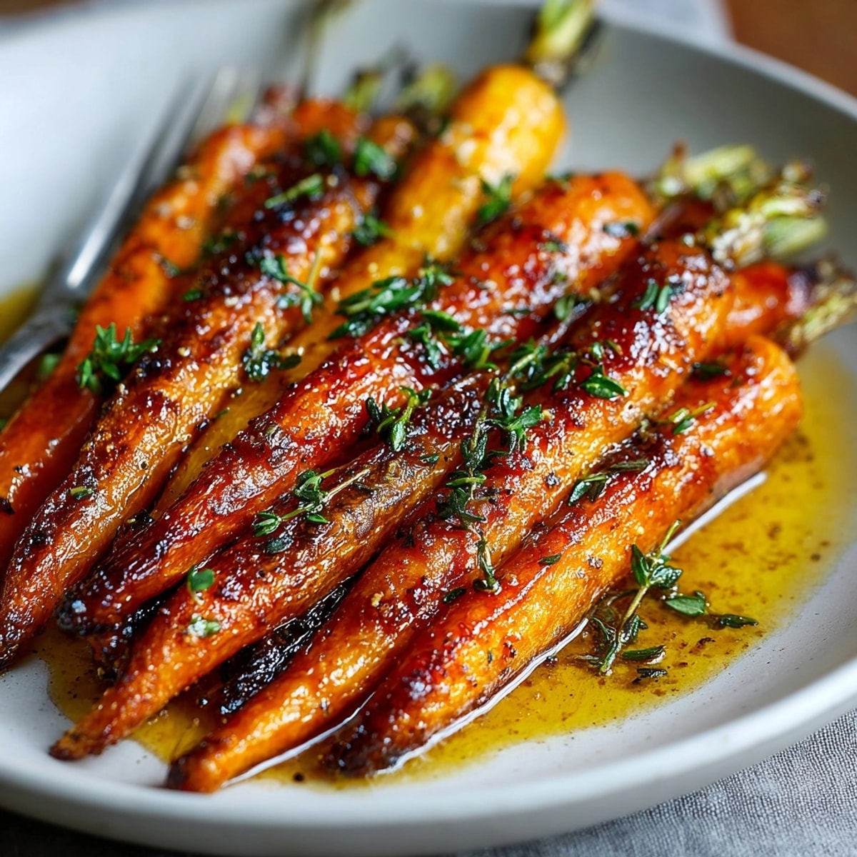 Sweet and tangy Maple Balsamic Roasted Carrots showcasing caramelized edges and fresh thyme.