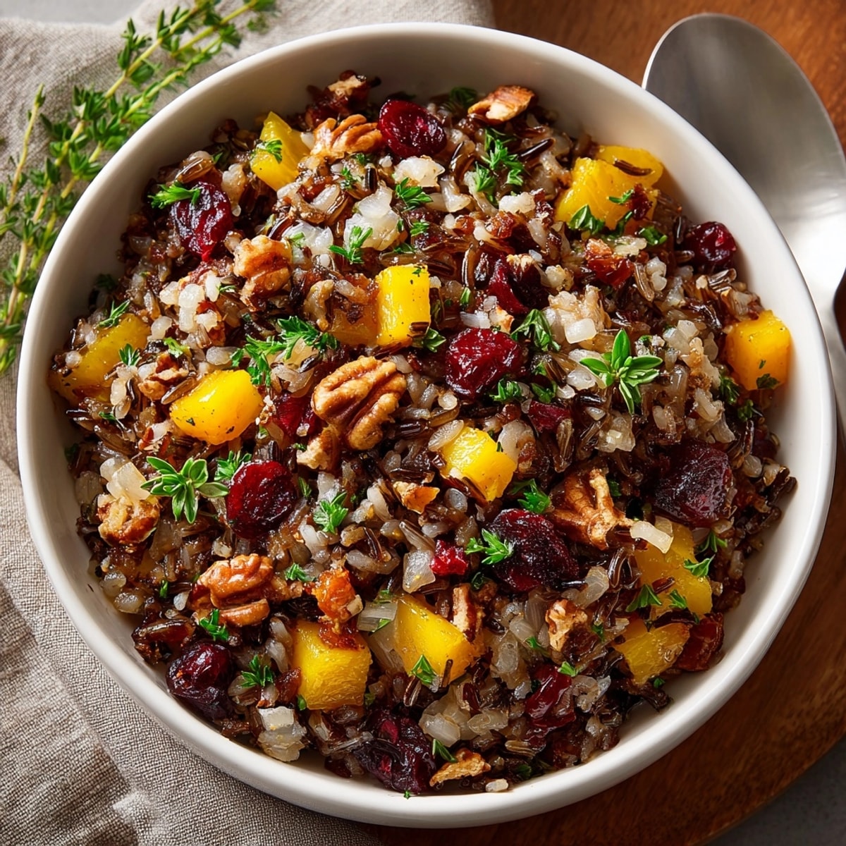 Fluffy Gluten-Free Wild Rice Stuffing with Cranberries, a comforting vegetarian holiday dish.