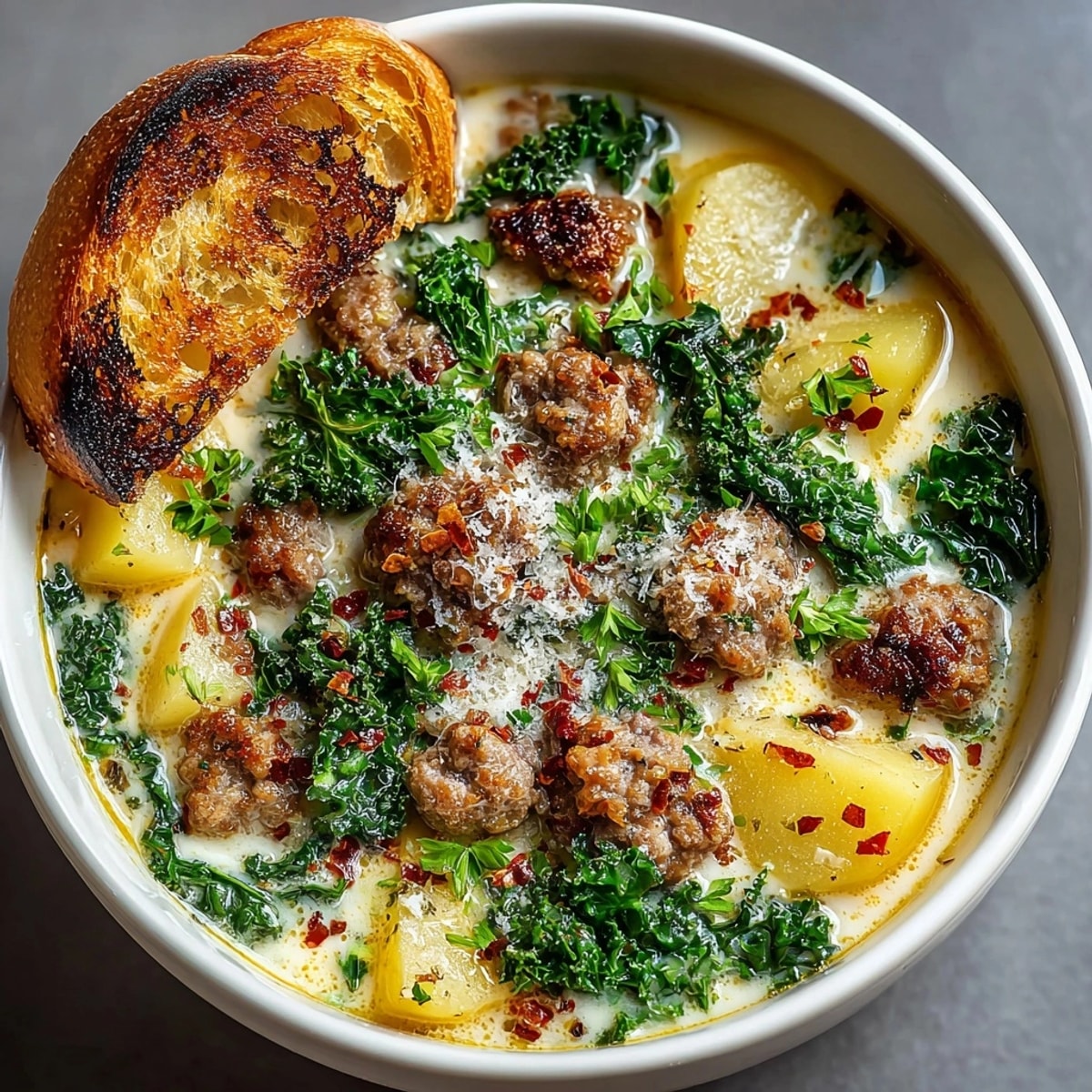 Creamy Quick Zuppa Toscana, a comforting soup swirling with Italian sausage and kale.