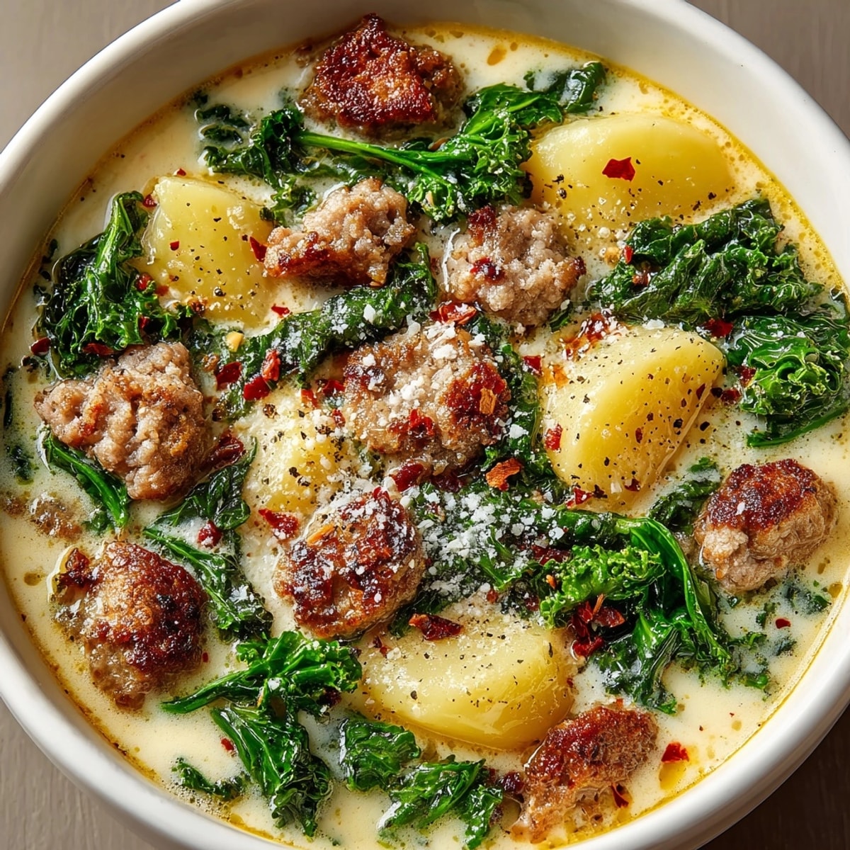 Hearty Quick Zuppa Toscana with tender potatoes; serve with crusty bread and Parmesan.