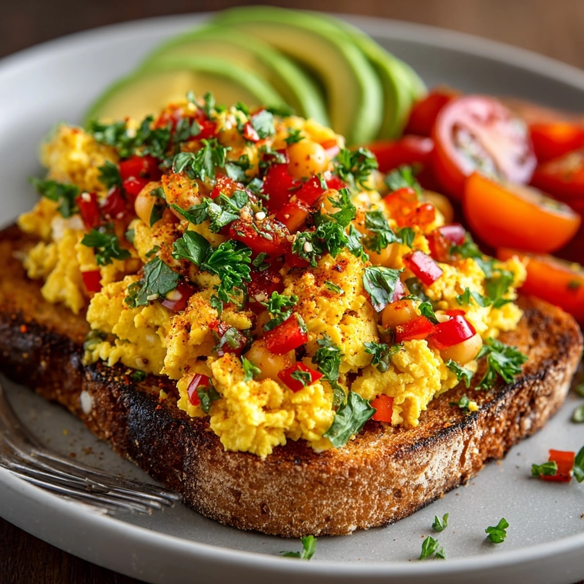 Close-up of Chickpea Scramble Toast, topped with avocado slices and cherry tomatoes.