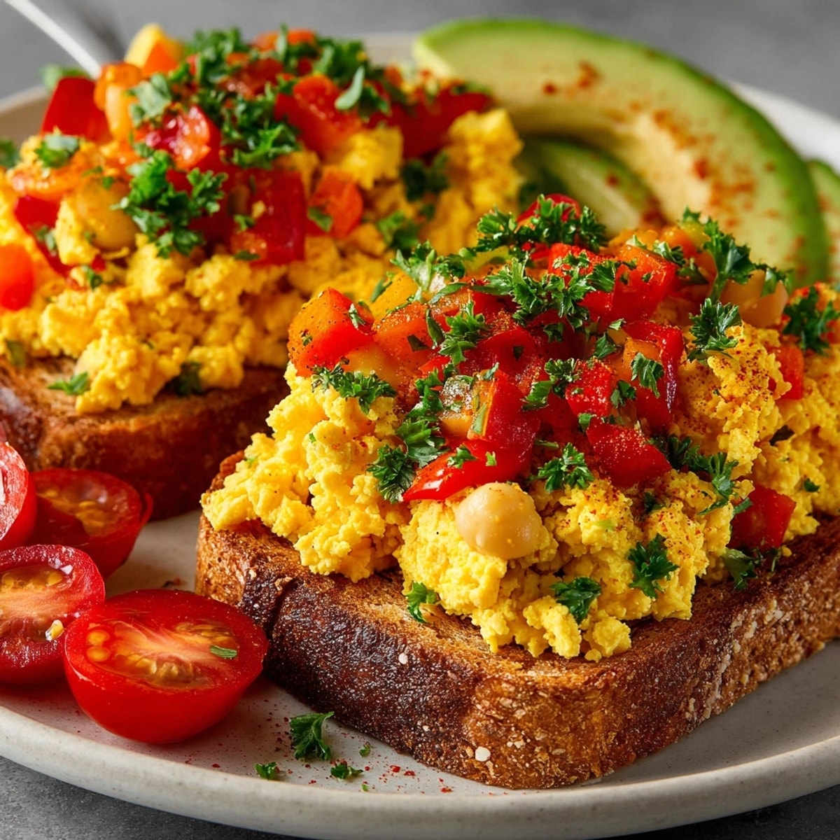Creamy Chickpea Scramble Toast—a quick and flavorful vegan brunch ready to enjoy!