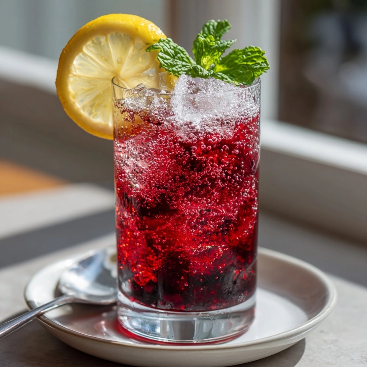 Vibrant red Sleepy Girl Mocktail in a glass with lemon and fresh mint garnish.
