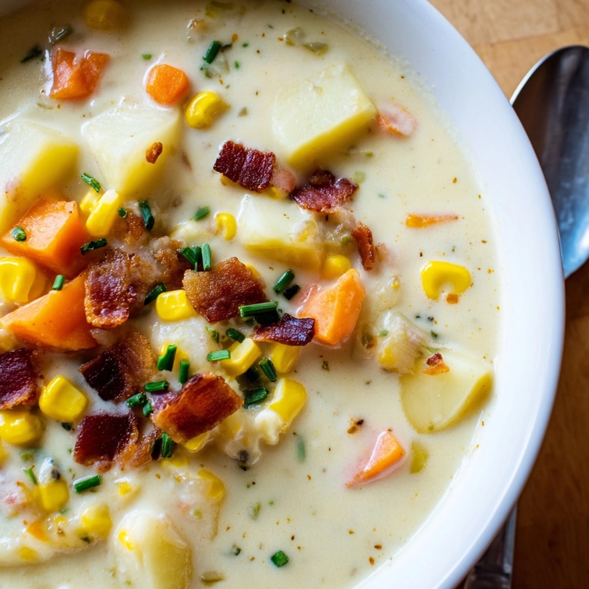 Bowl of creamy, comforting Corn Chowder with bacon and chives, ready to eat.