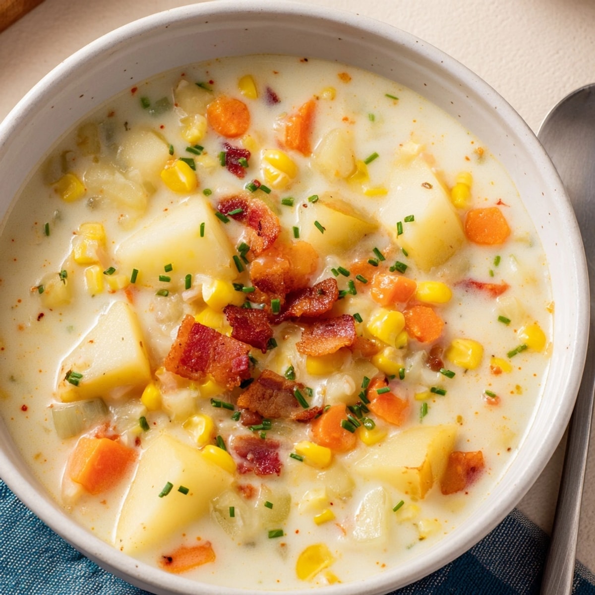 Steaming bowl of Corn Chowder recipe, garnished with fresh herbs, next to crusty bread.