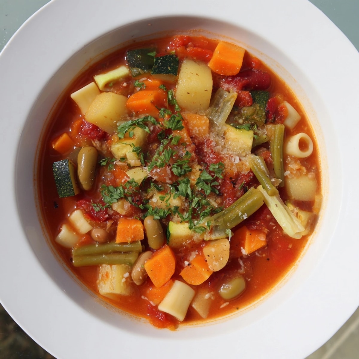 Hearty Minestrone Soup: A vibrant, vegetable-packed bowl with tender pasta and rich tomato aroma.
