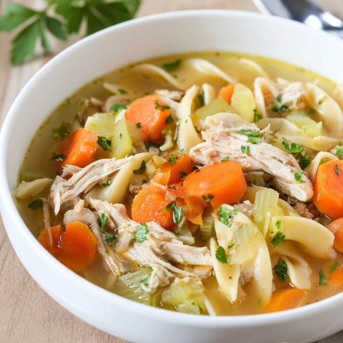 Homemade Chicken Noodle Soup: A warm bowl with tender chicken and soft noodles.