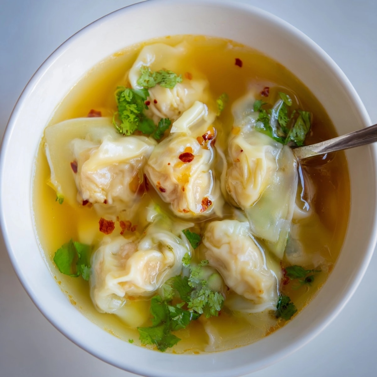 Close-up photo of savory Wonton Soup with plump dumplings in a clear broth.
