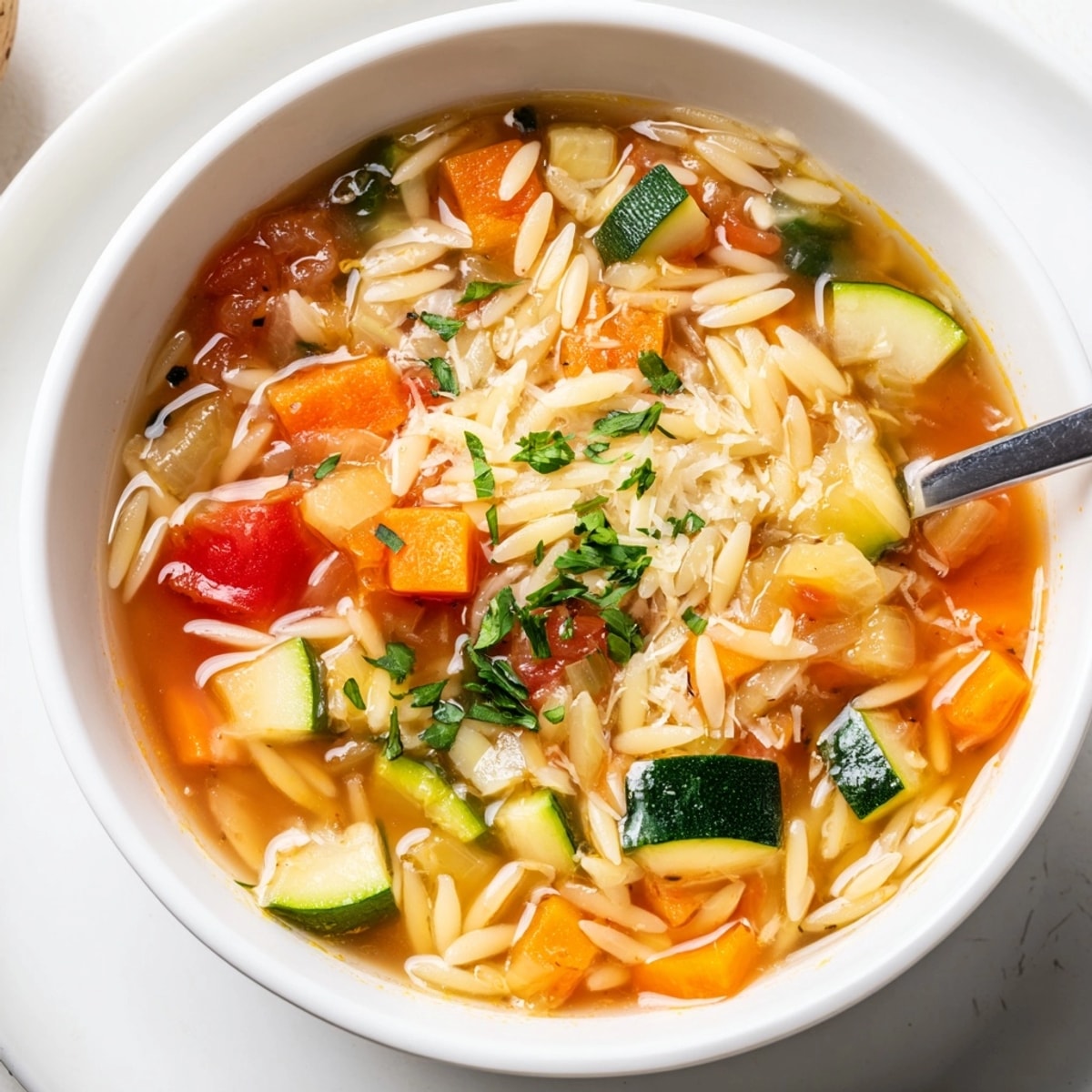 Close-up of vibrant Vegetable Orzo Soup with parsley, steam rising from the bowl.