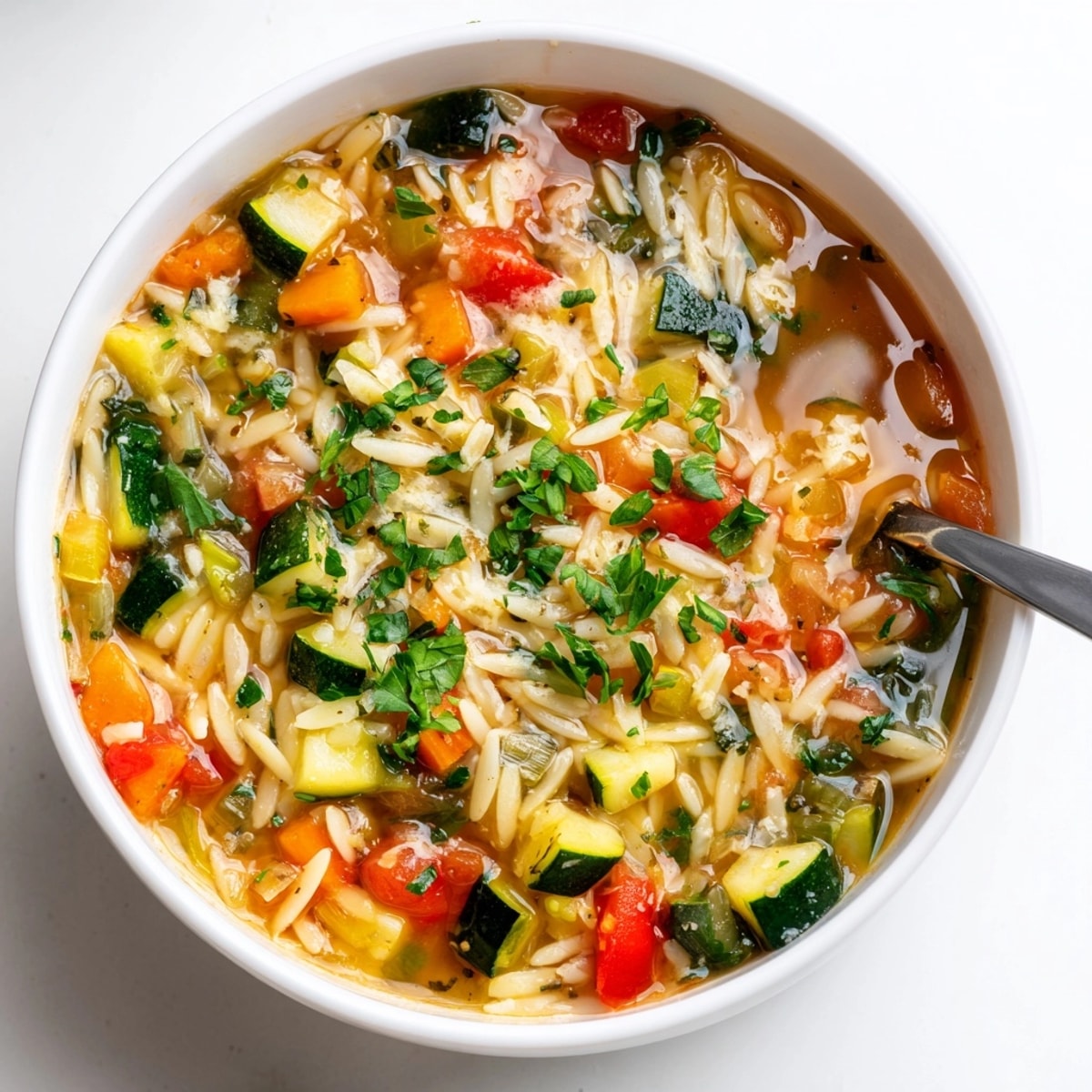 Hearty Vegetable Orzo Soup, showcasing colorful veggies and pasta in rich broth.