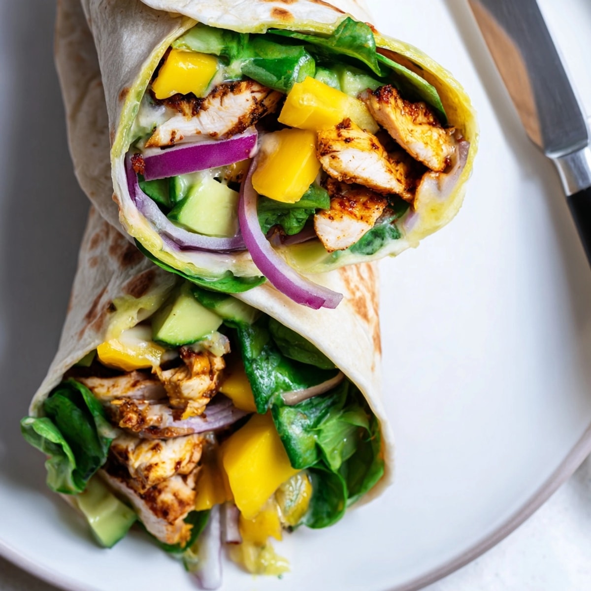 Golden grilled chicken wraps, creamy avocado and sweet mango bursting in these Mango Avocado Chicken Wraps.