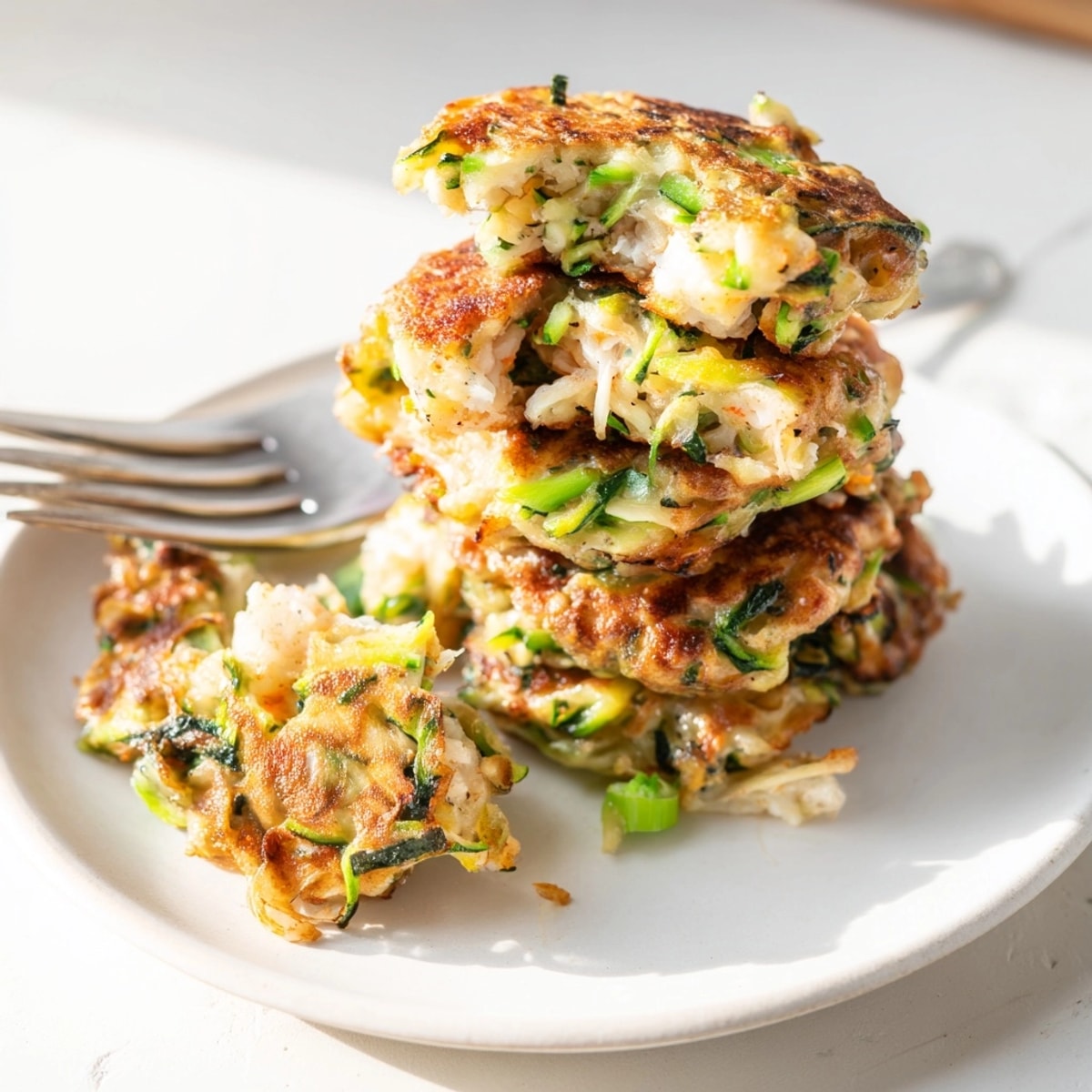 Golden Shrimp & Ricotta Zoodle Fritters, tender and savory, await garnishing with fresh parsley.