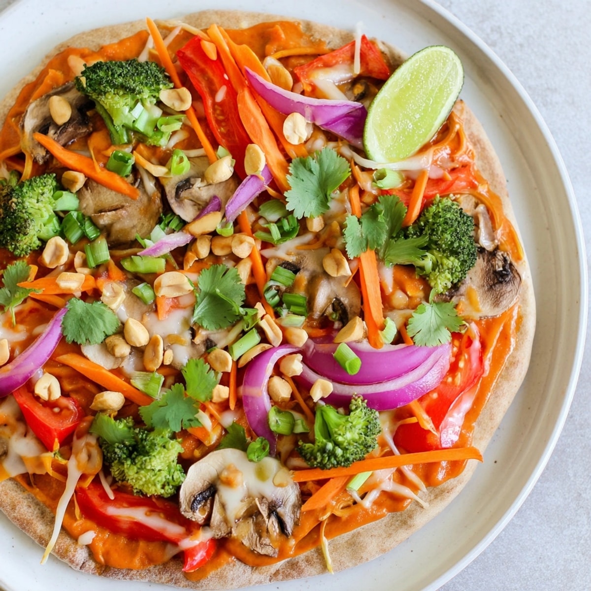 Savory Thai Curry Veggie Pita Pizzas ready to serve, featuring colorful vegetables and creamy sauce.