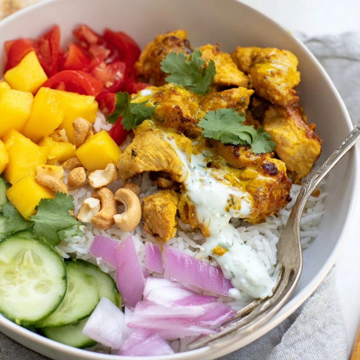 Tidy Bowls of Mango Masala Chicken offer a spiced, aromatic meal experience.