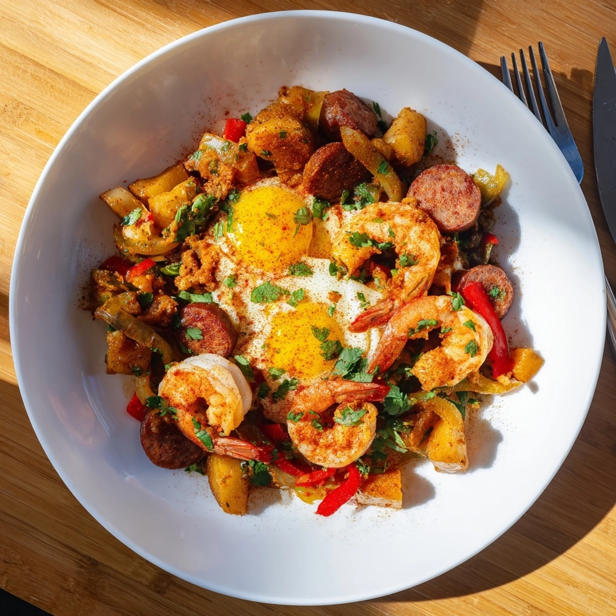 Savory Shrimp Chorizo Breakfast Skillet, a gluten-free crowd-pleaser, ideal for brunch.