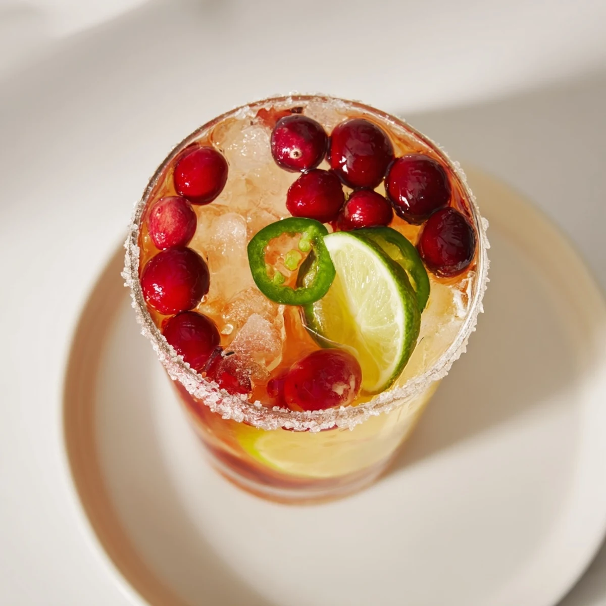 Vibrant Spicy Thanksgiving Mocktail Margarita garnished with fresh cranberries and lime wedges.  