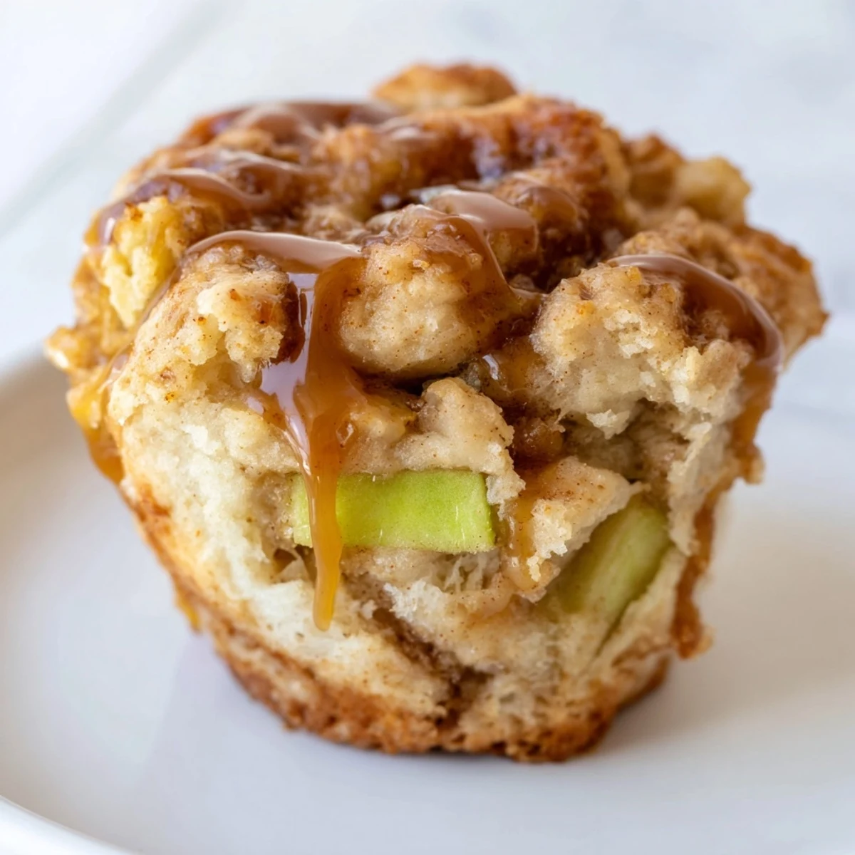 Soft Caramel Apple Cinnamon Roll Muffins drizzled with sweet caramel sauce, ideal for breakfast.  