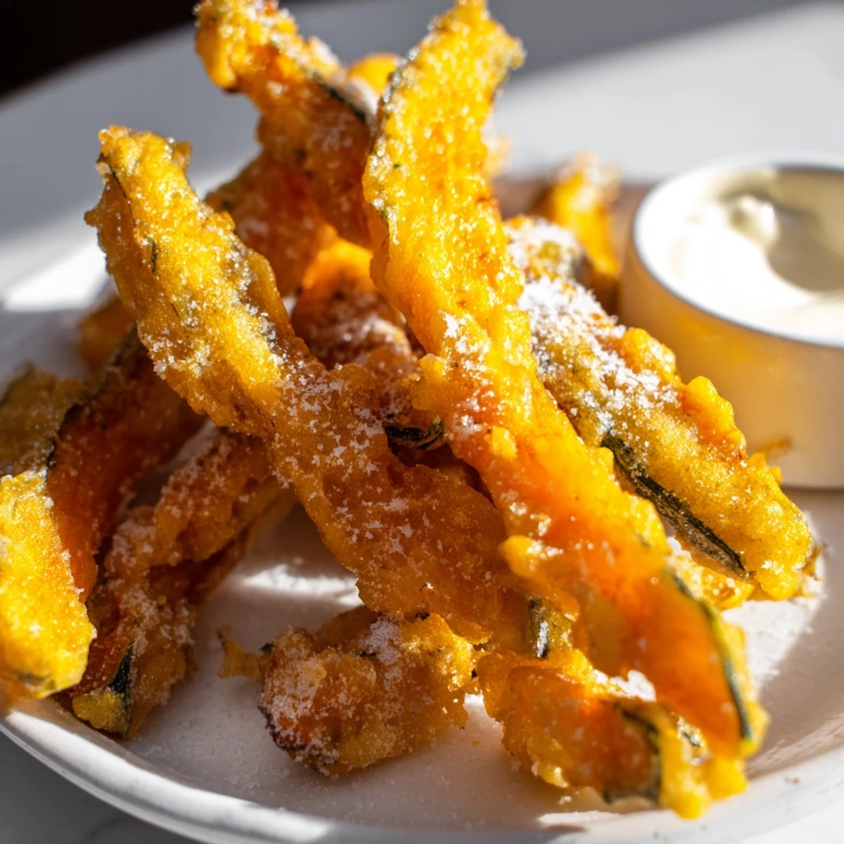 Light and crunchy tempura pumpkin fries garnished with sea salt, ideal for snacking.  