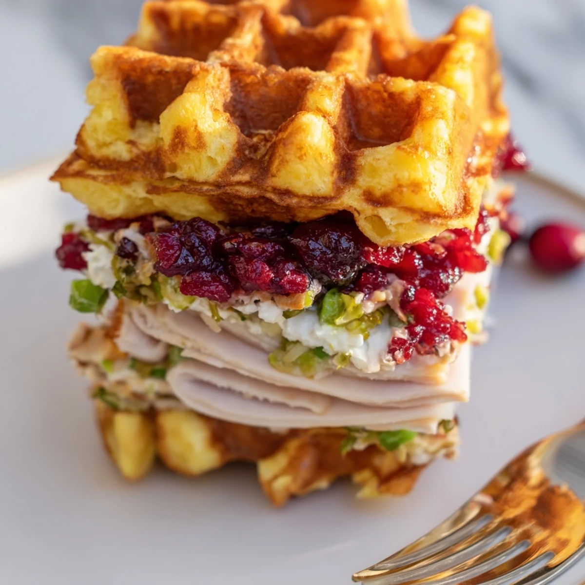 Creamy cranberry jalapeño dip waffle sliders, garnished with cilantro and turkey slices.  