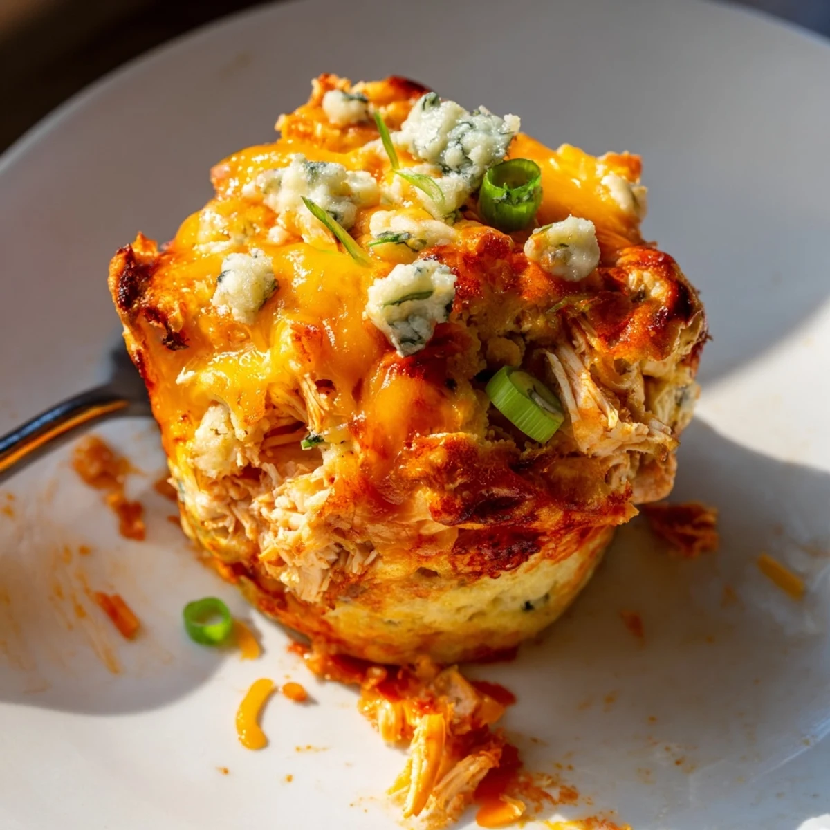 Savory Buffalo Chicken Cheddar Drop Muffins topped with green onions and blue cheese.