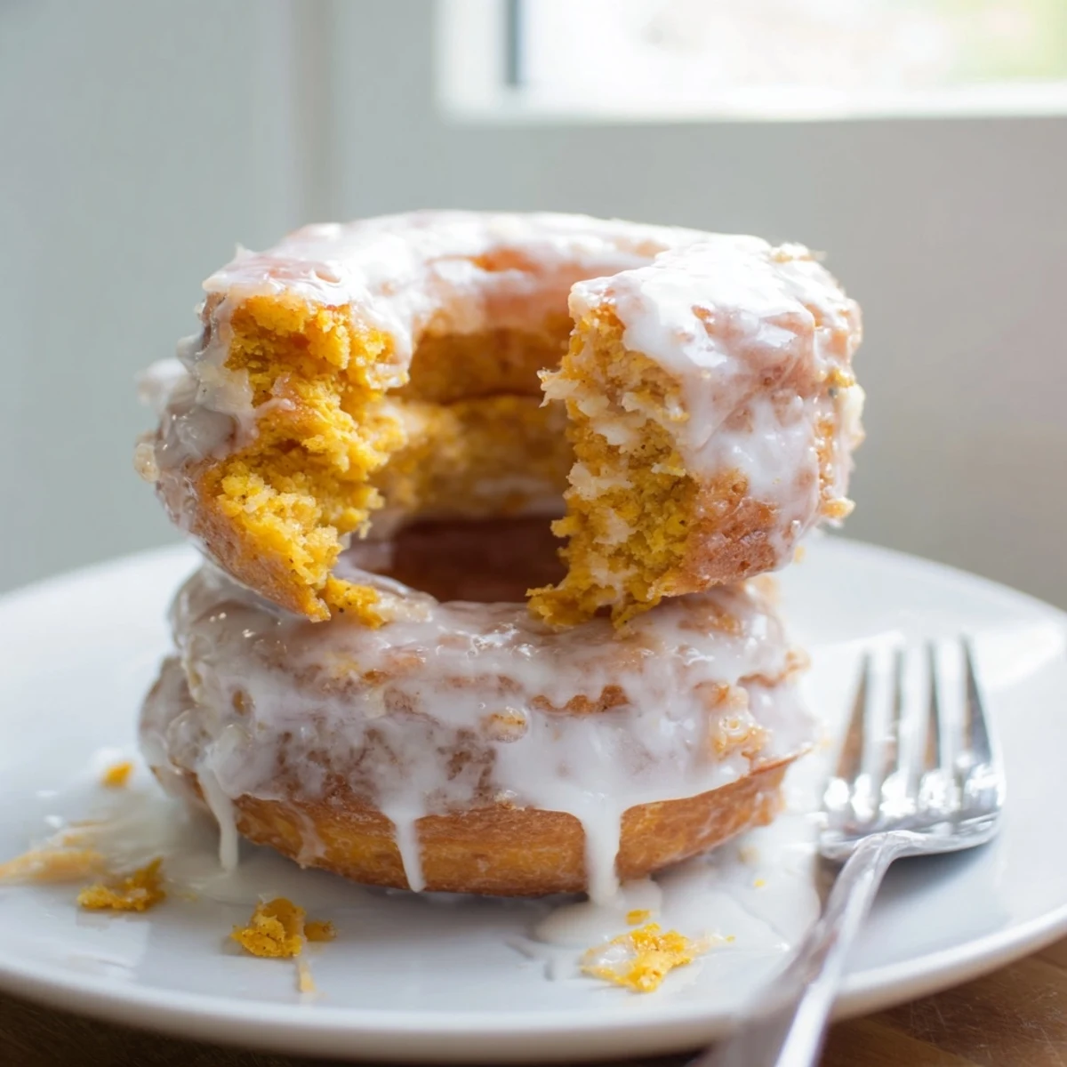 Freshly fried sweet potato biscuit donuts topped with creamy glaze, perfect with coffee.  