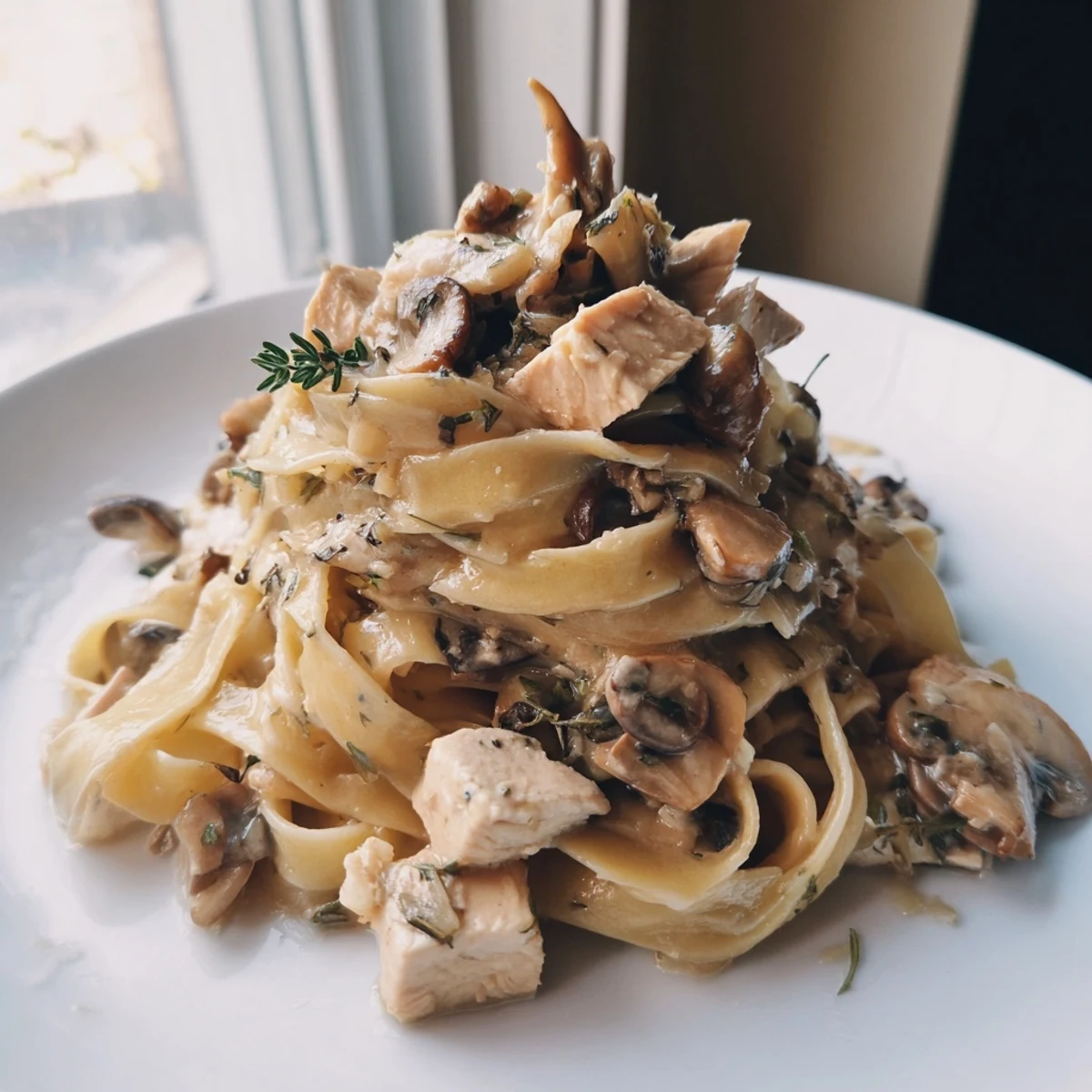 Creamy Wild Mushroom Chicken Pasta featuring tender noodles topped with savory thyme and cheese.