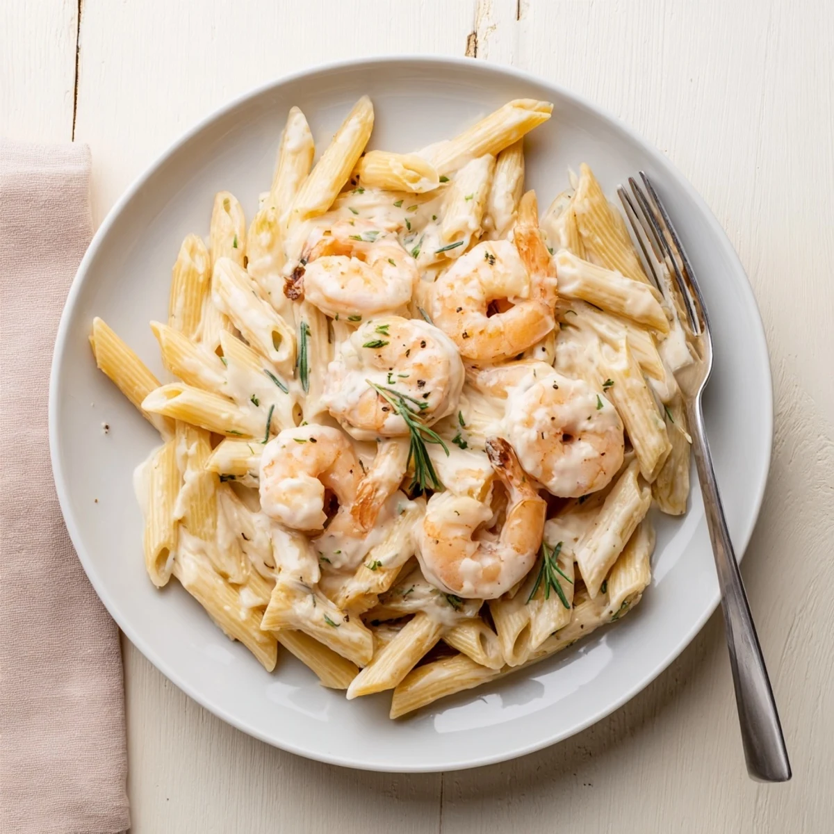 Delicious rosemary garlic shrimp pasta, showcasing vibrant colors and creamy texture.  