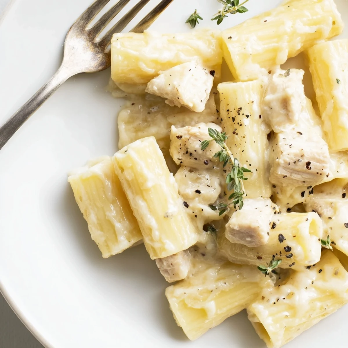 Deliciously creamy Chicken Rigatoni with brie, thyme, and a comforting pasta finish.