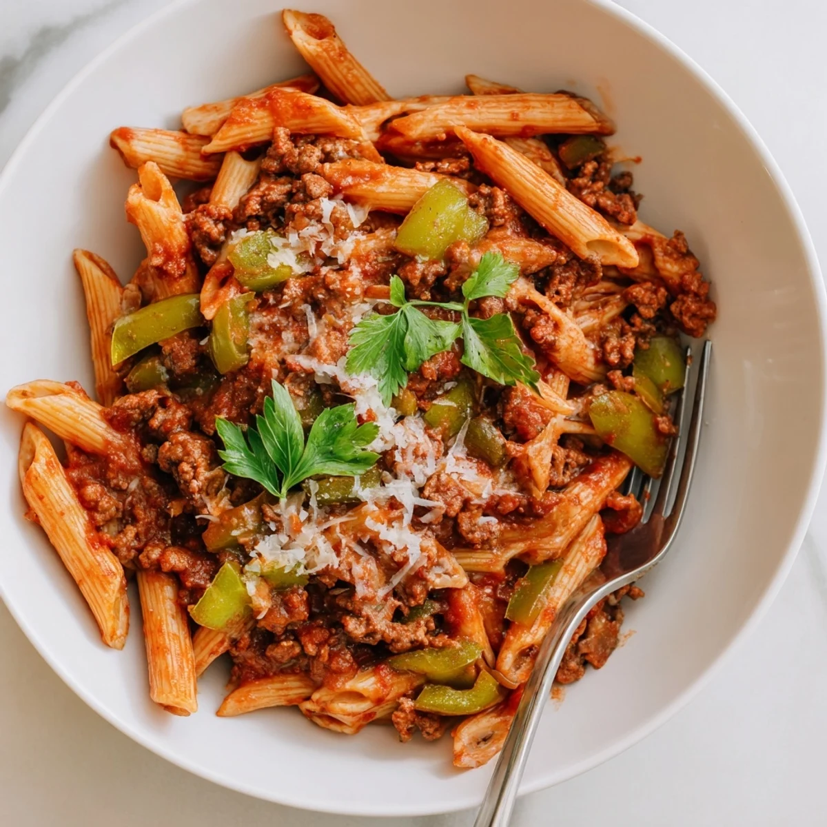 Hearty Green Pepper Beef Pasta, infused with rich tomato sauce and fresh flavors.