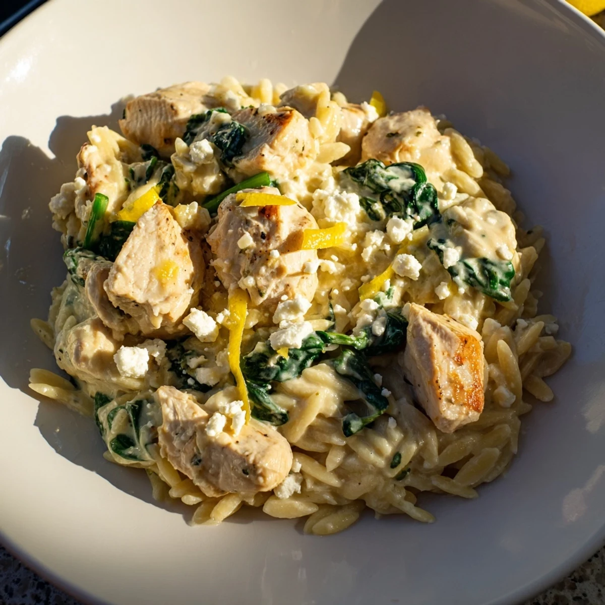 Creamy Feta & Spinach Chicken Orzo topped with lemon zest for vibrant flavor.  