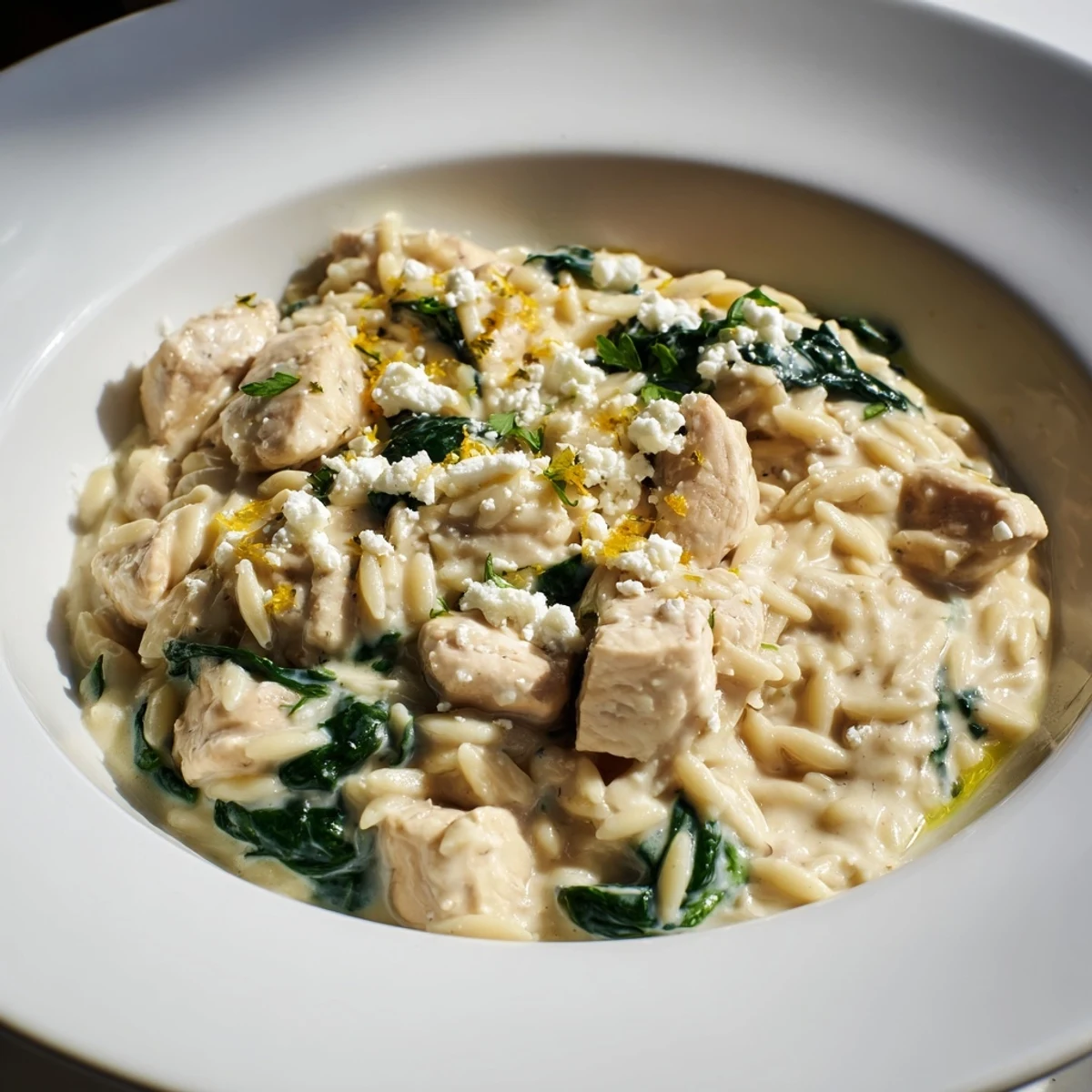 Savory orzo mixed with chicken, spinach, and tangy feta in a skillet.  