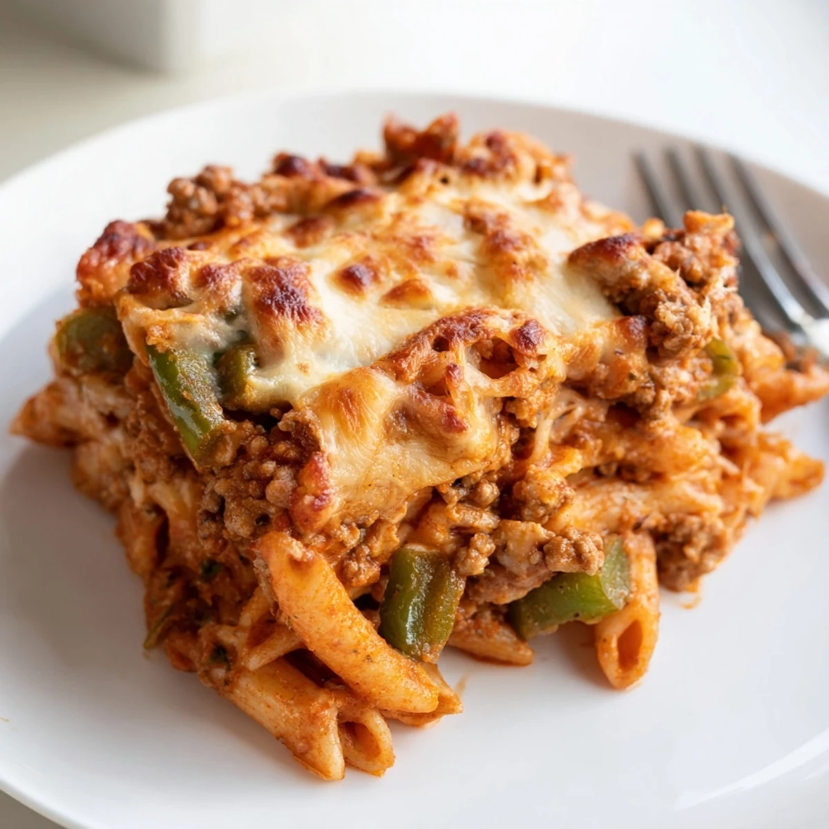Baked Green Pepper Pork Pasta Bake drizzled with cream sauce and melted mozzarella.  