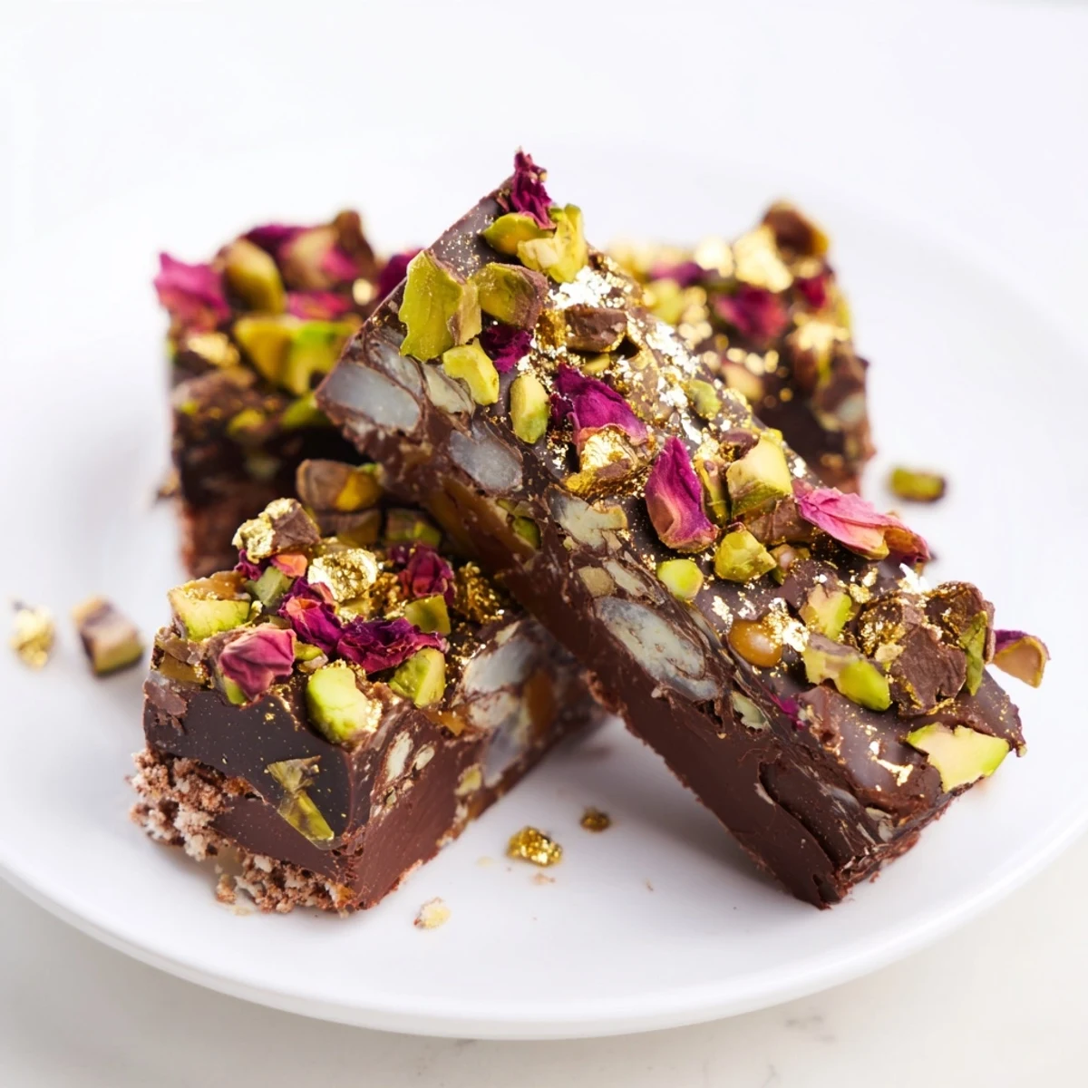 Decadent chocolate bar creations topped with spiced date caramel and pistachios.  