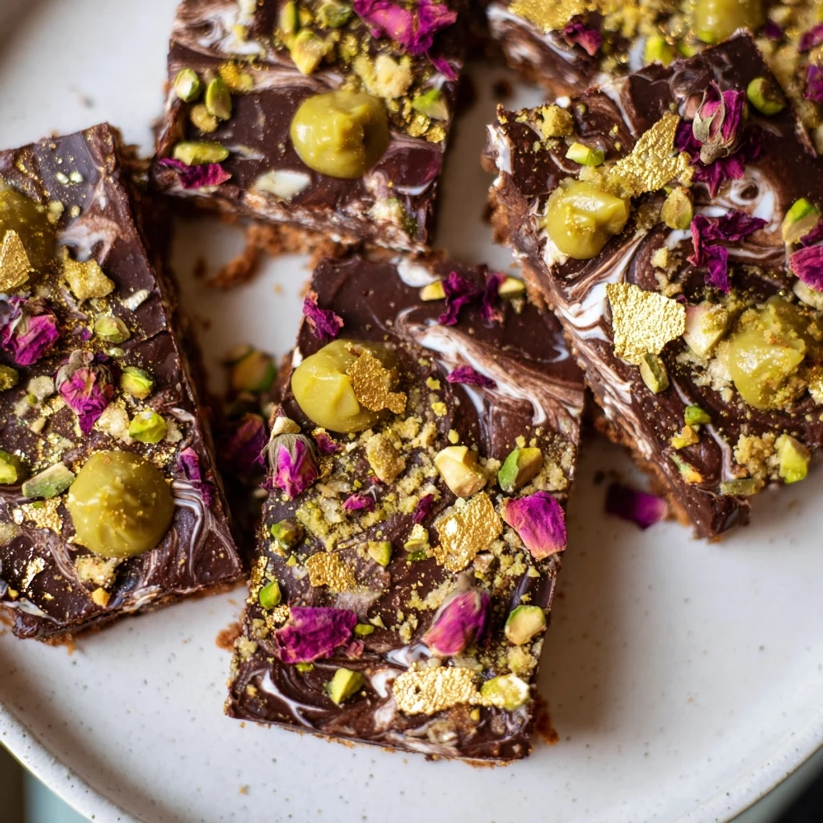 Gourmet chocolate dessert squares featuring a crunchy layer and aromatic spices.  