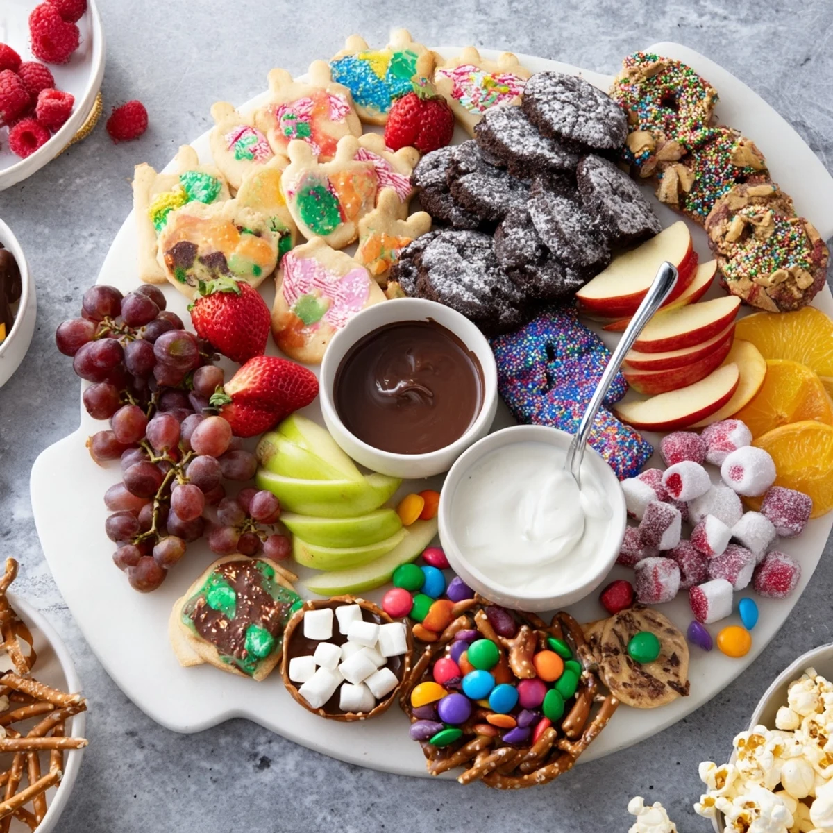 Colorful dessert boards with themed snacks, featuring sweets and fresh fruits.  