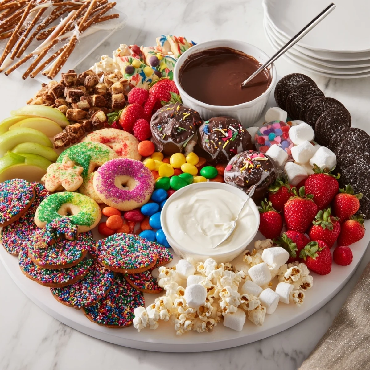 A delightful dessert board with themed snacks, showcasing a variety of flavors and textures.