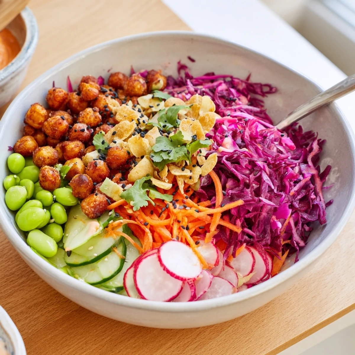 Colorful ASMR Crunch Snack Bowls filled with fresh veggies and crispy toppings.  