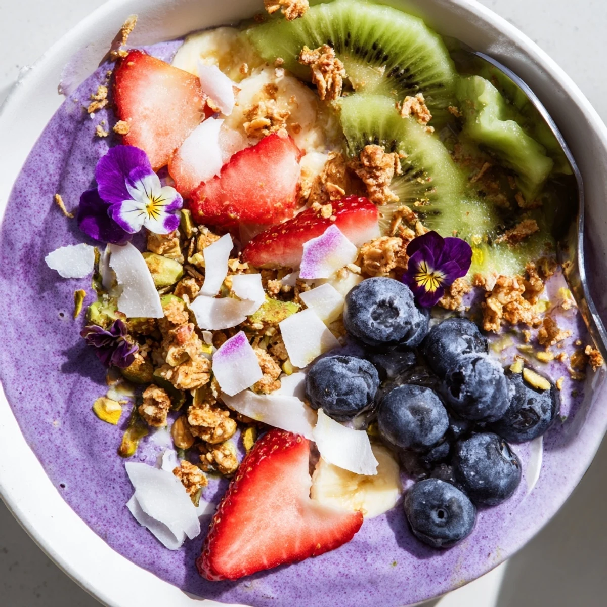 Vibrant smoothie bowls feature creamy purple yam and colorful fresh fruit toppings.  