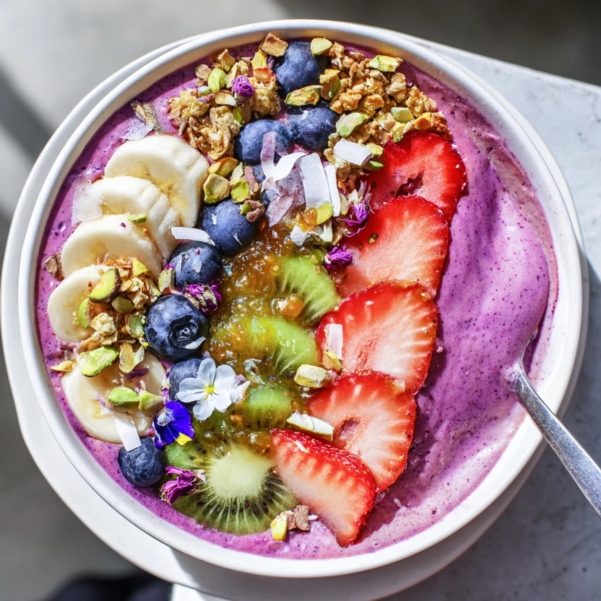 Colorful smoothie bowls combine earthy yam and nuts for a nutritious morning treat.