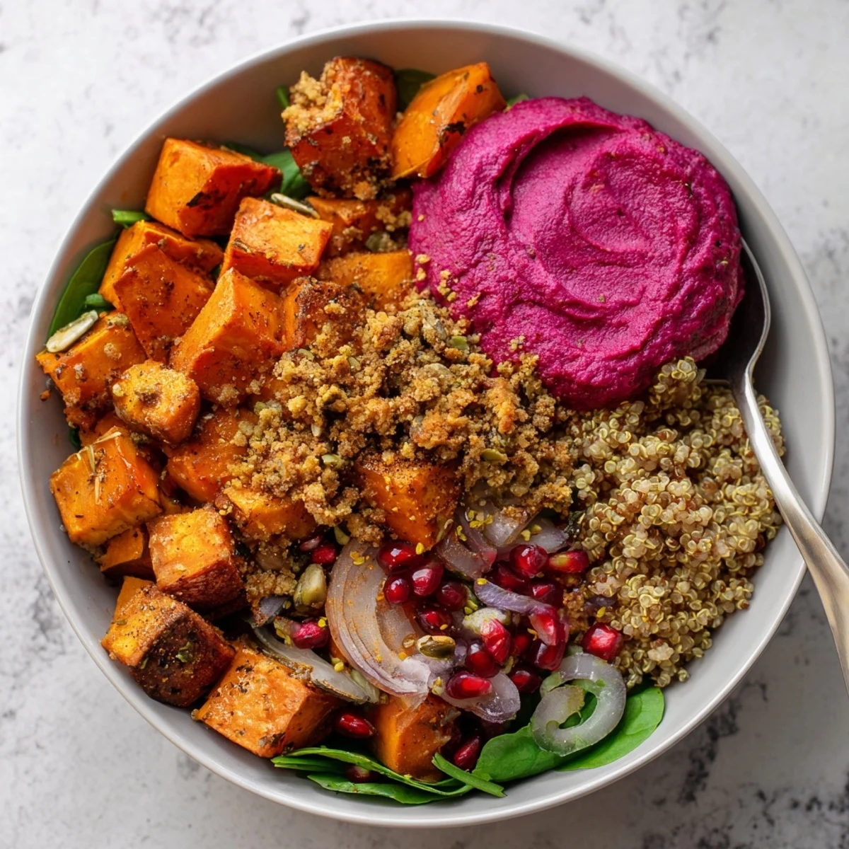 Hearty winter bowl filled with sweet potatoes, spiced quinoa, and crunchy pistachio-maple crumble.