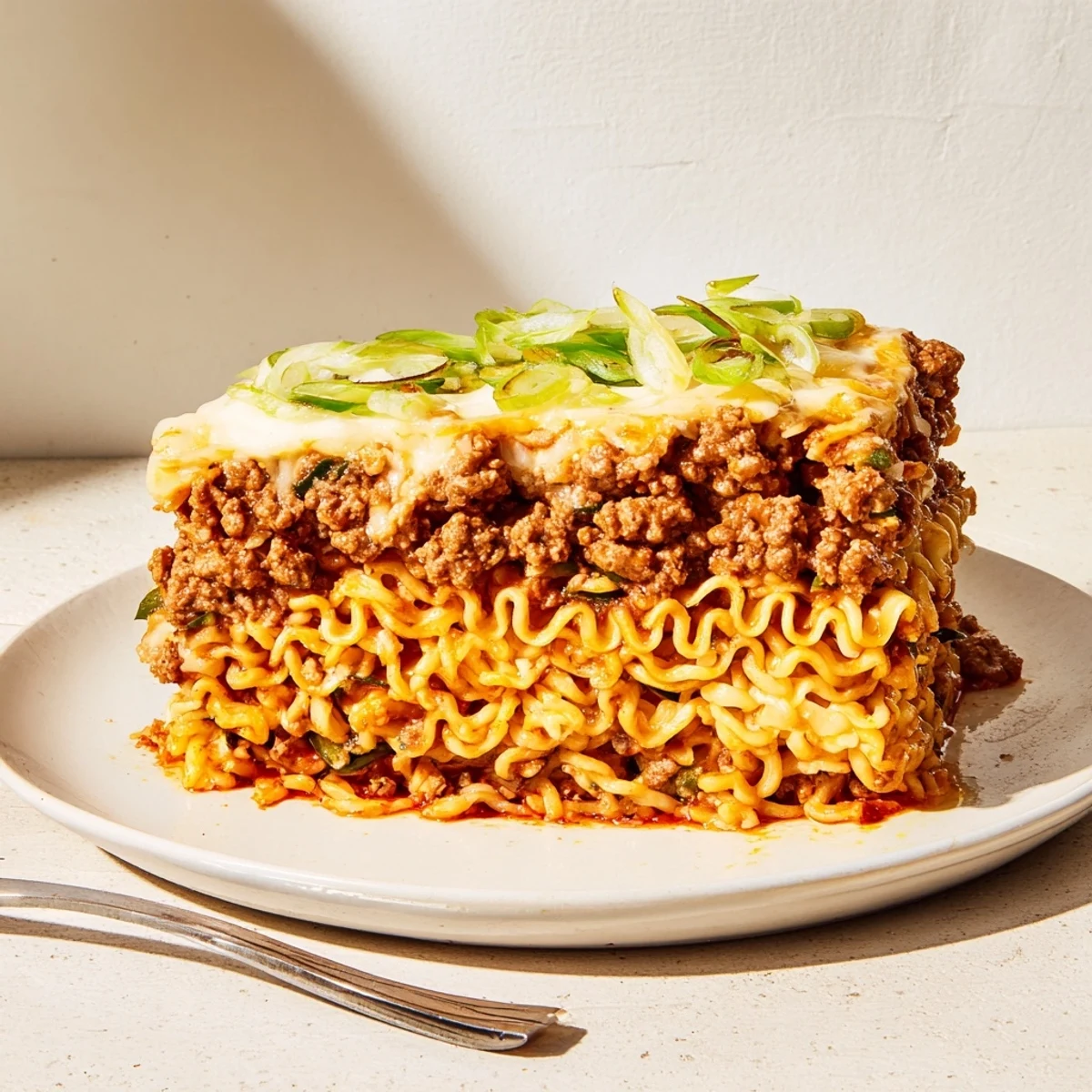 Hearty Spicy Ramen Lasagna with layers of cheese and savory ground pork.  