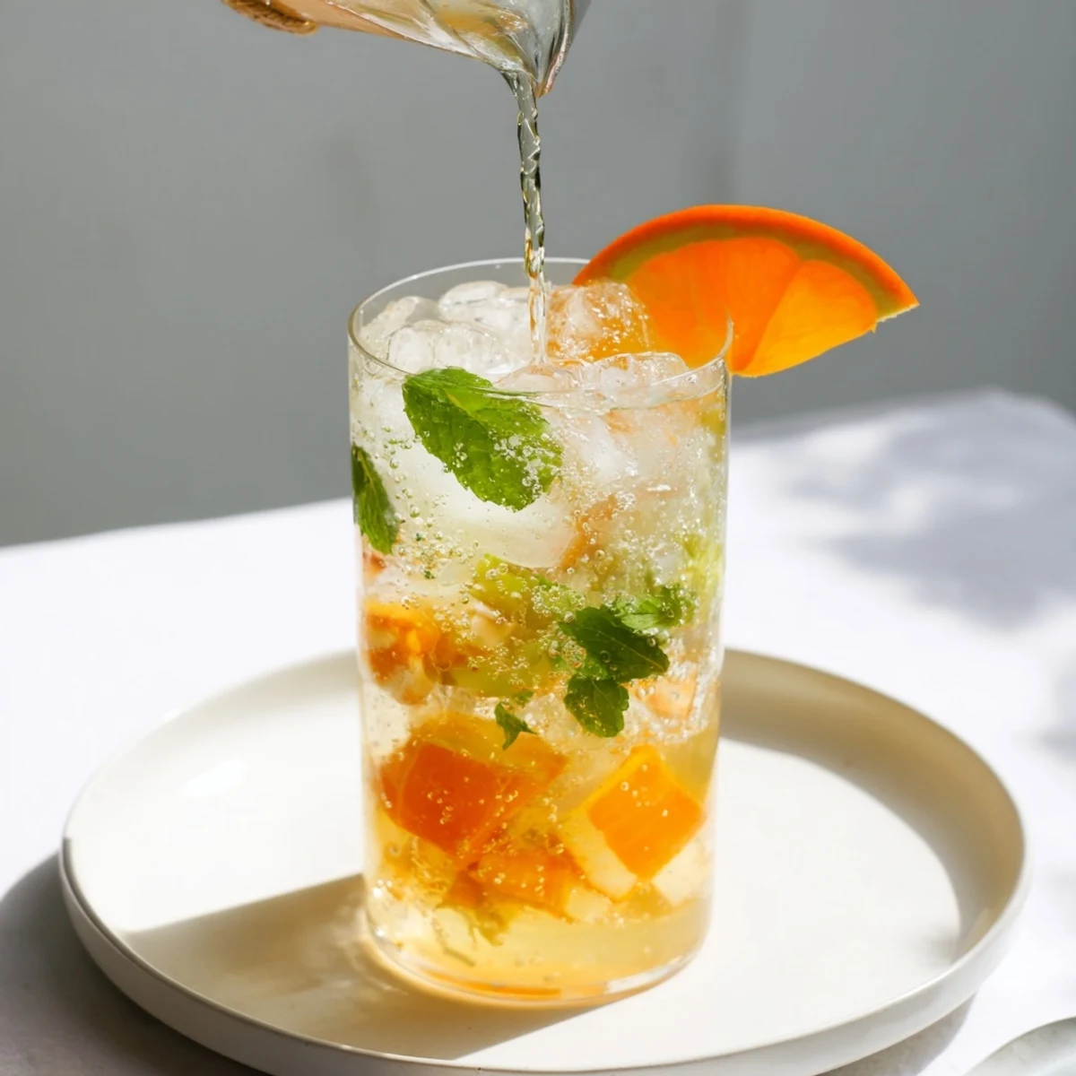 Sparkling probiotic soda mocktail in a glass, perfect for summer gatherings.  