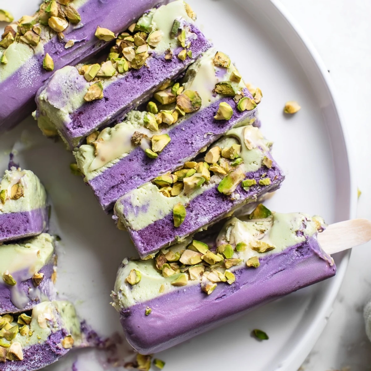 Delicious, layered ube and pistachio ice cream bars drizzled with condensed milk.