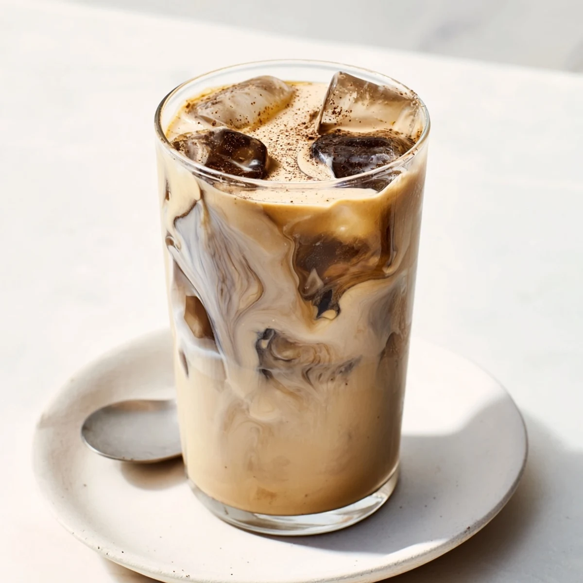 Refreshing vegan tahini iced coffee topped with plant-based milk and cocoa dusting.  