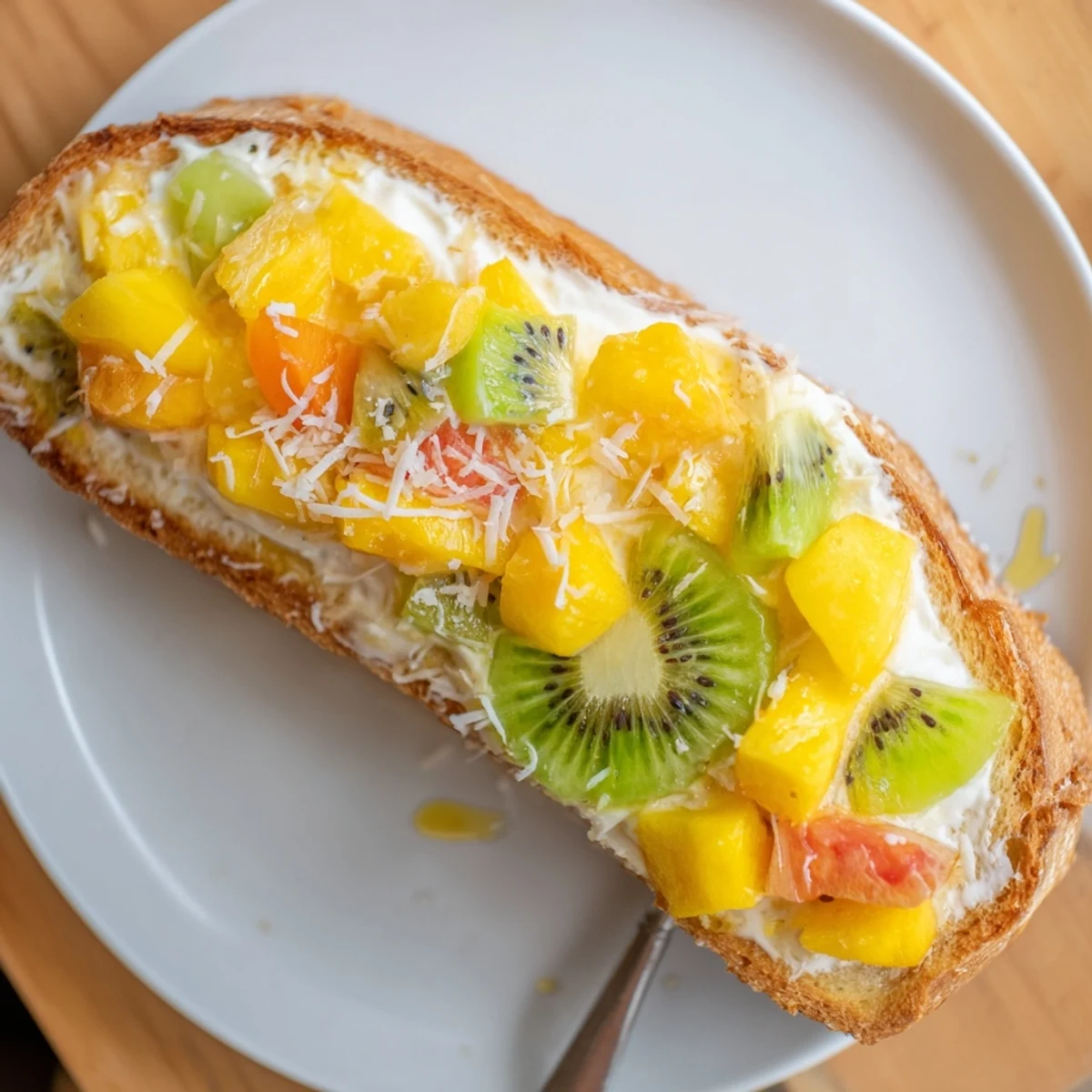 Delicious yogurt-custard toast with mango, pineapple, and kiwi for a refreshing breakfast.  