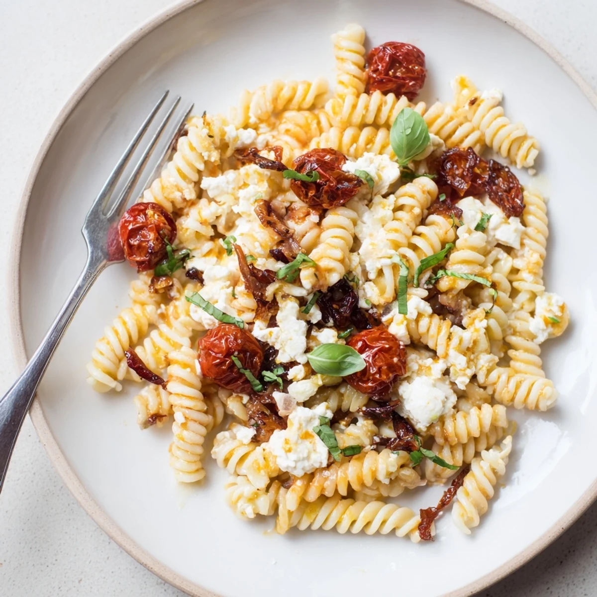 Savor the rich flavors of baked feta pasta, garnished with fresh basil leaves.  